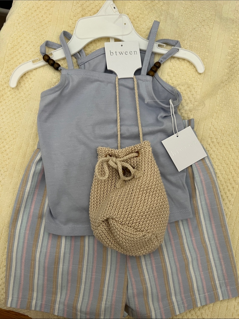btween Light Blue Girls' Tank Top with Beige Knit Pouch